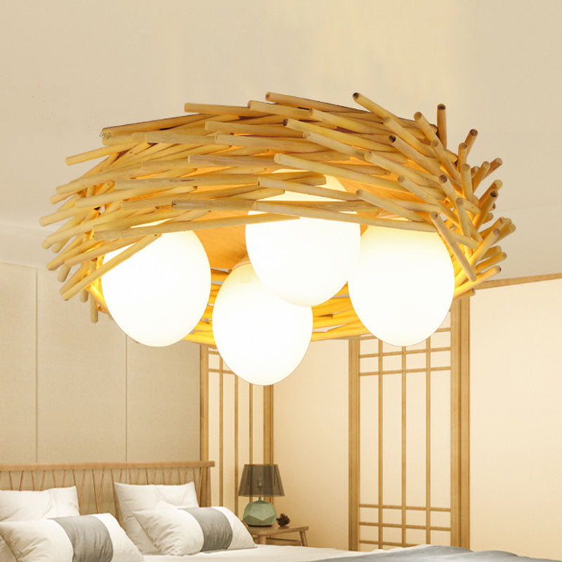 Wood Bird Nest Ceiling Chandelier Asian Bamboo Hanging Pendant Light with Egg Opal Glass Shade