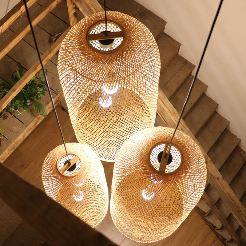 Bamboo Elongated Pendant Chandelier Asian 2 Lights Wood Drop Lamp for Living Room