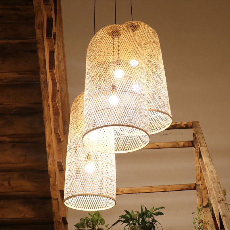 Bamboo Elongated Pendant Chandelier Asian 2 Lights Wood Drop Lamp for Living Room