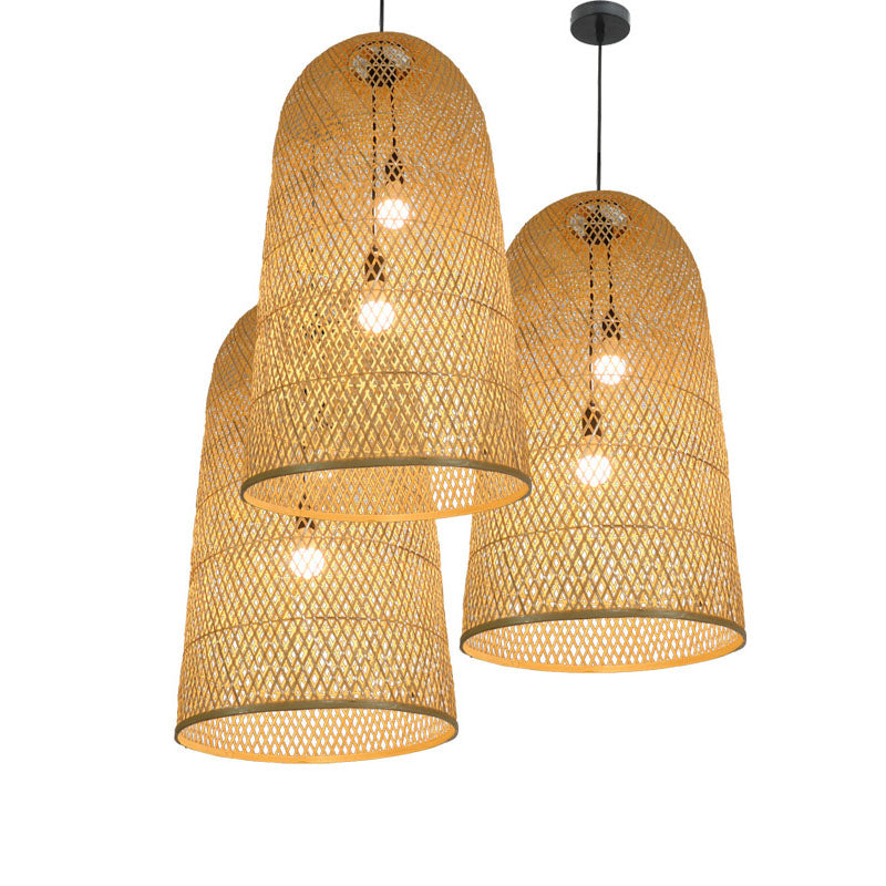 Bamboo Elongated Pendant Chandelier Asian 2 Lights Wood Drop Lamp for Living Room