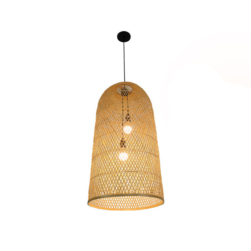 Bamboo Elongated Pendant Chandelier Asian 2 Lights Wood Drop Lamp for Living Room