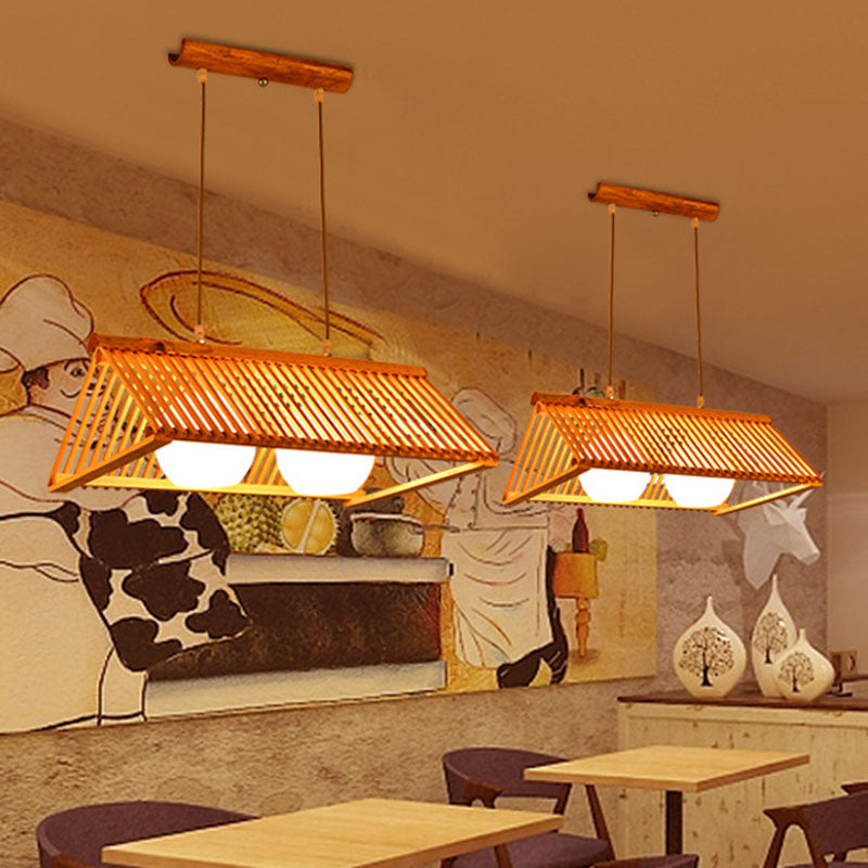 Wood Triangular Prism Pendant Lamp Modern Bamboo Island Ceiling Light with Ball Cream Glass Shade