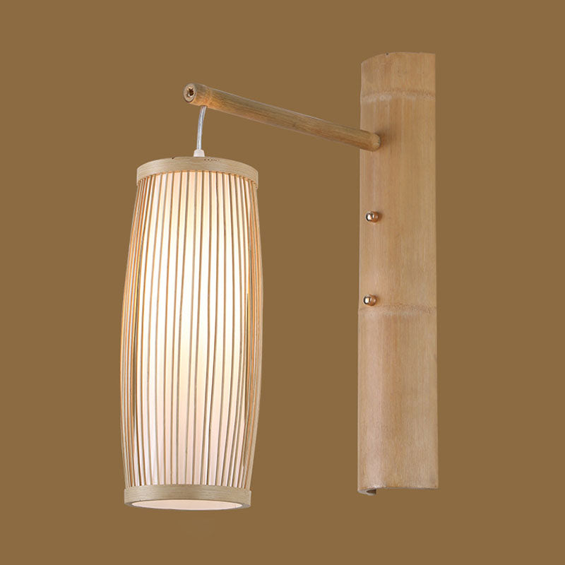 Hand-Worked Bedside Lantern Wall Sconce Bamboo 1 Head Asian Wall Mount Light in Wood