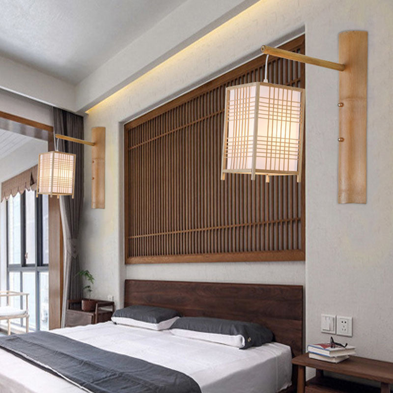 Hand-Worked Bedside Lantern Wall Sconce Bamboo 1 Head Asian Wall Mount Light in Wood