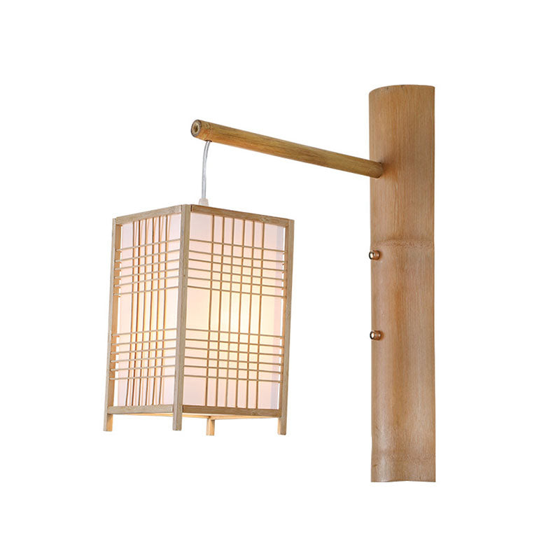 Hand-Worked Bedside Lantern Wall Sconce Bamboo 1 Head Asian Wall Mount Light in Wood