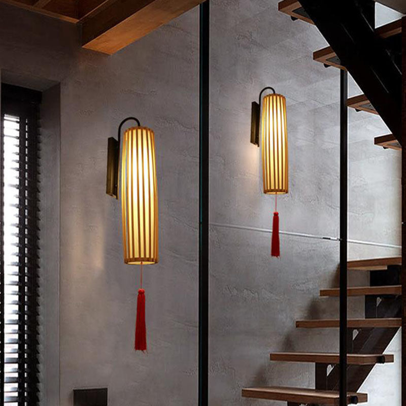 Geometric Shape Wall Light Fixture Asian Bamboo 1-Light Wood Wall Lamp for Bedroom