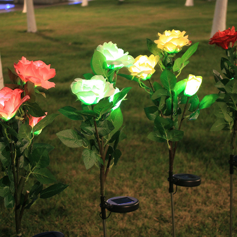 Rose Bouquet Pathway LED Lawn Lighting Plastic 3 Bulbs Decorative Solar Stake Light