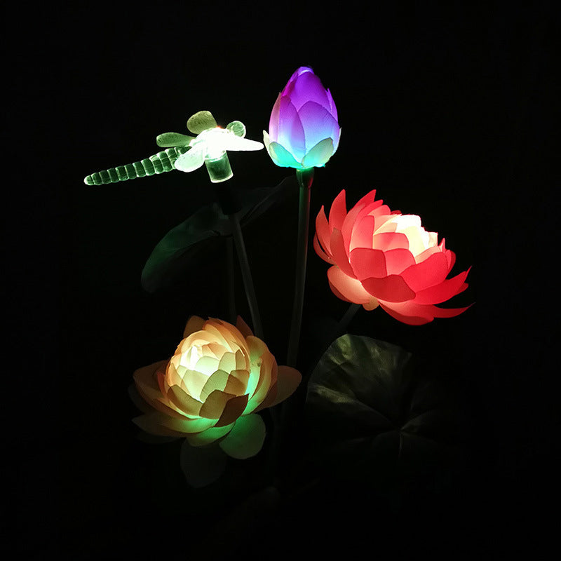Contemporary Lotus and Dragonfly Shaped LED Stake Light Plastic Artistic Solar Lawn Lighting