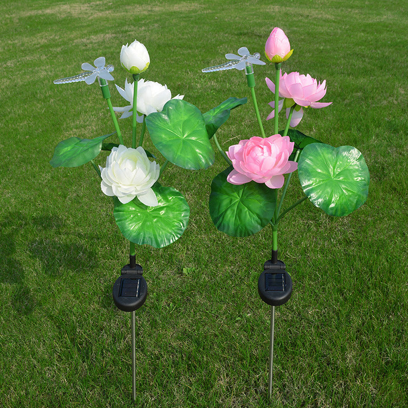 Contemporary Lotus and Dragonfly Shaped LED Stake Light Plastic Artistic Solar Lawn Lighting