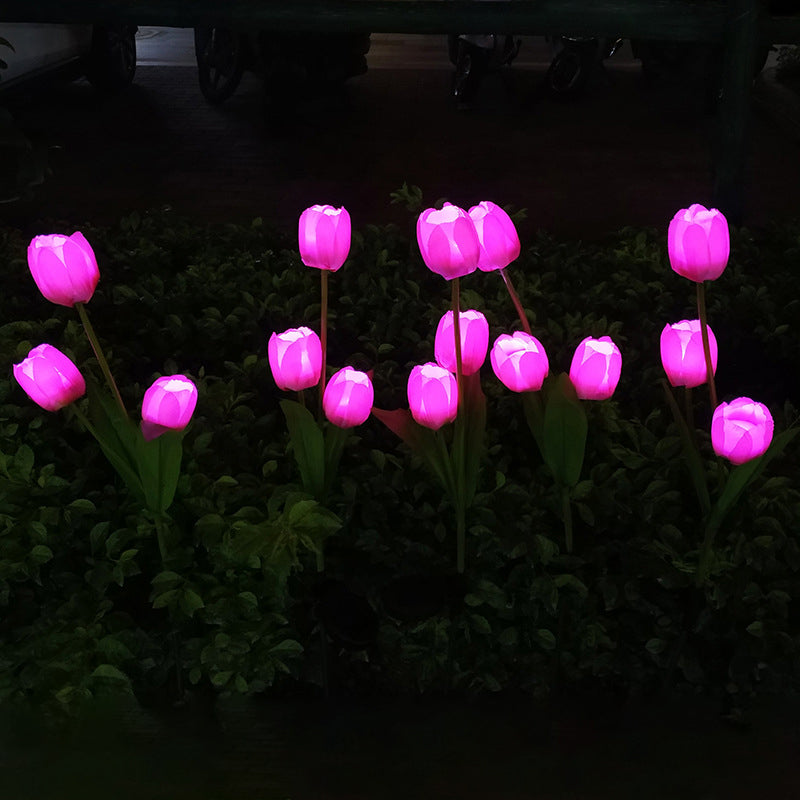 Contemporary Tulip Shaped LED Lawn Lighting Plastic 3 Bulbs Pathway Solar Stake Light in Red
