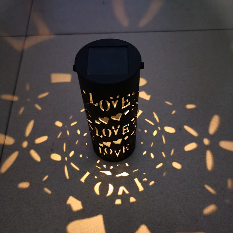 Cylinder Plastic LED Lawn Lighting Artistic Black Hollow out Solar Stake Light for Backyard