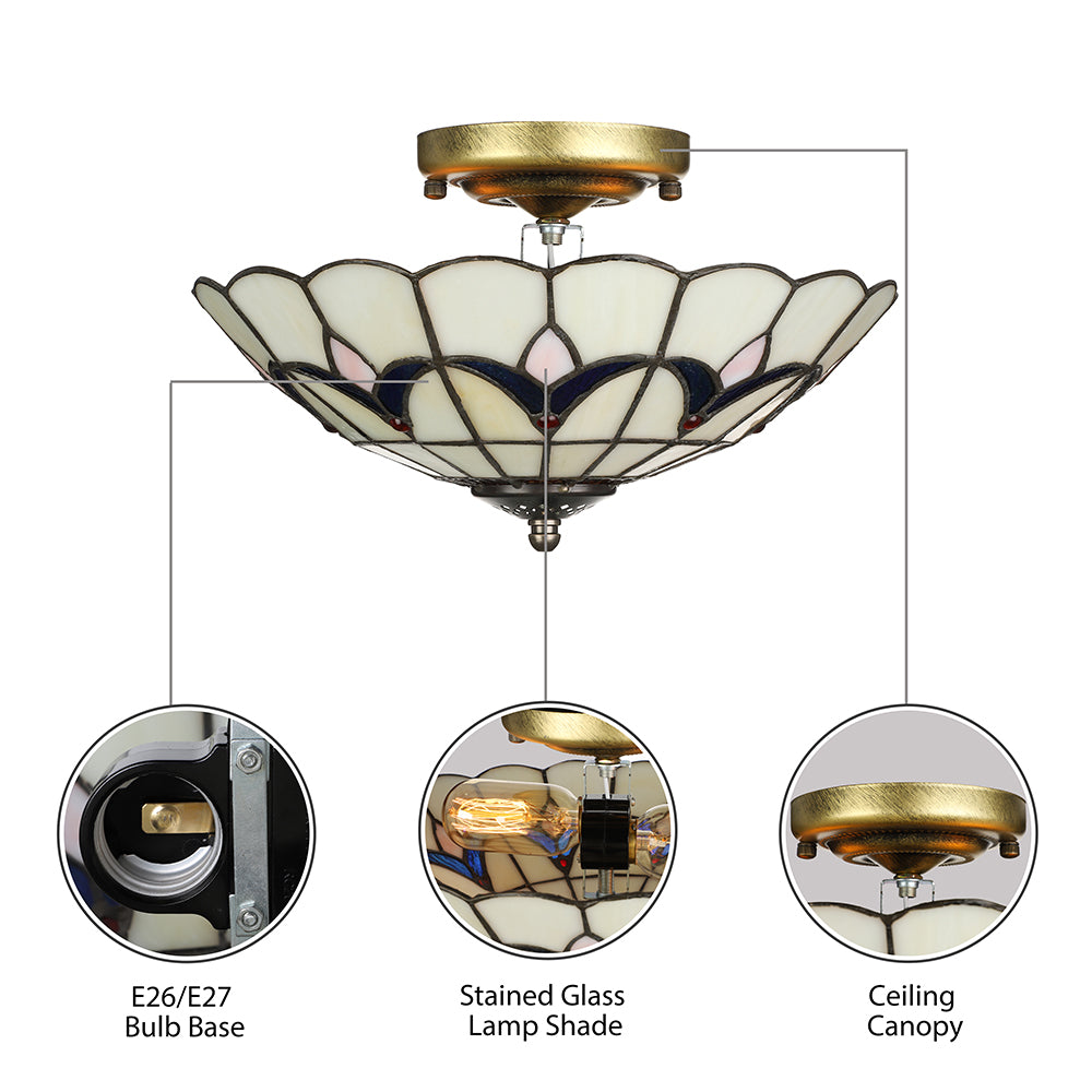 Living Room Ceiling Lights Rustic Style 10"/12" Inch Dome Flush Mount Light Fixture with Jewel Decoration in White/Beige/Blue/Clear