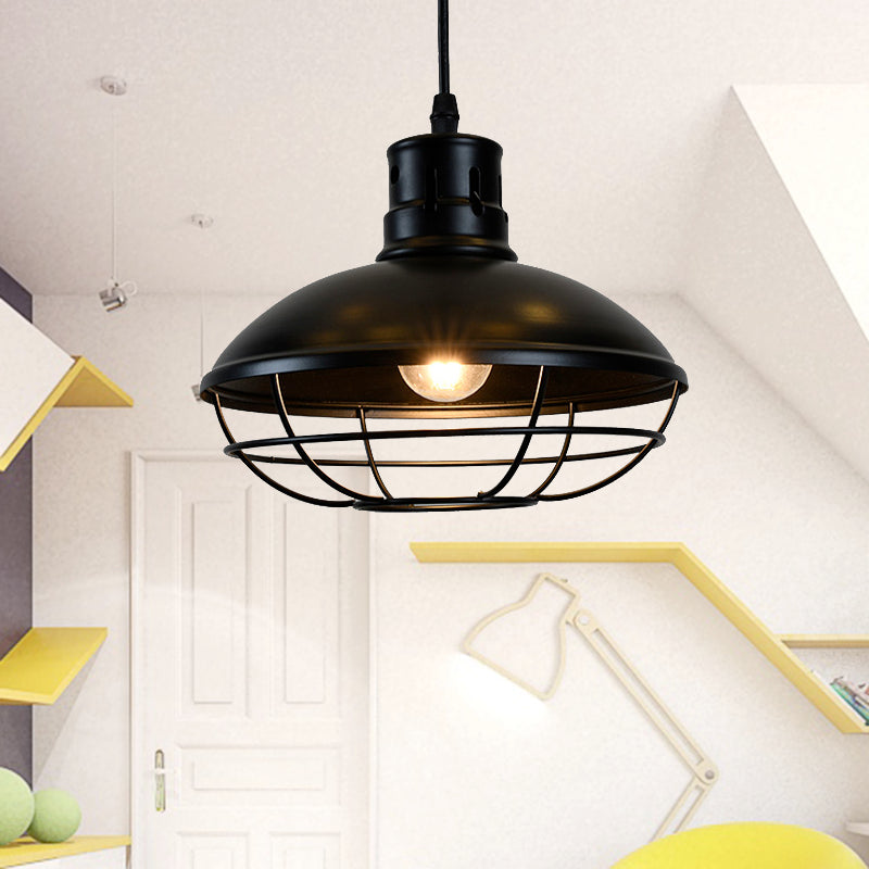 Dome Caged Metal Pendant Lamp Vintage 1 Bulb Kitchen Island Hanging Light Fixture in Black