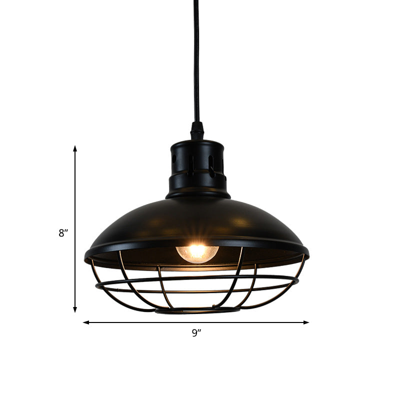 Dome Caged Metal Pendant Lamp Vintage 1 Bulb Kitchen Island Hanging Light Fixture in Black