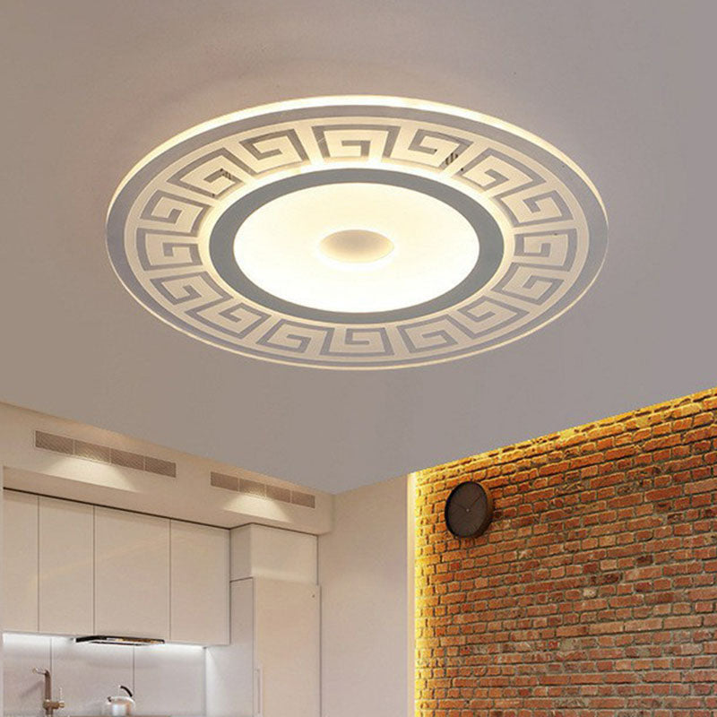 Acrylic Rounded Shape LED Flush Light Artistic White Ceiling Light Flush Mount with Greek Key Decor for Bedroom