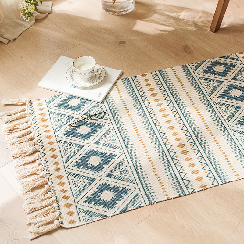 Simplicity Green Boho Rug Cotton Knit Seamless Patterned Rug Pet Friendly Machine Washable Carpet for Dining Room