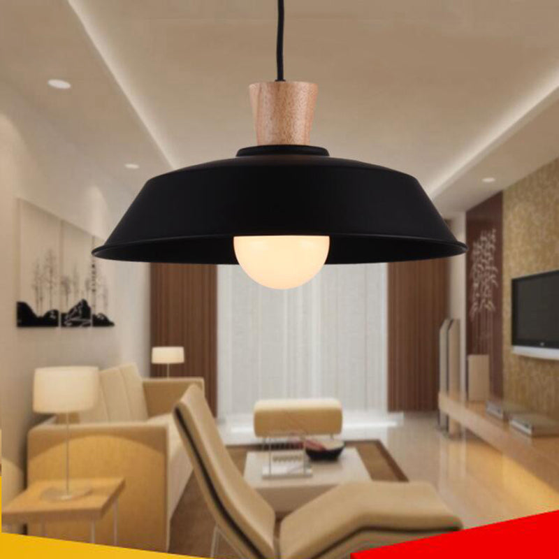 10"/14"/18" Wide Barn Living Room Hanging Lamp Industrial Iron 1-Light Black/White Pendant Light Fixture with Wooden Top