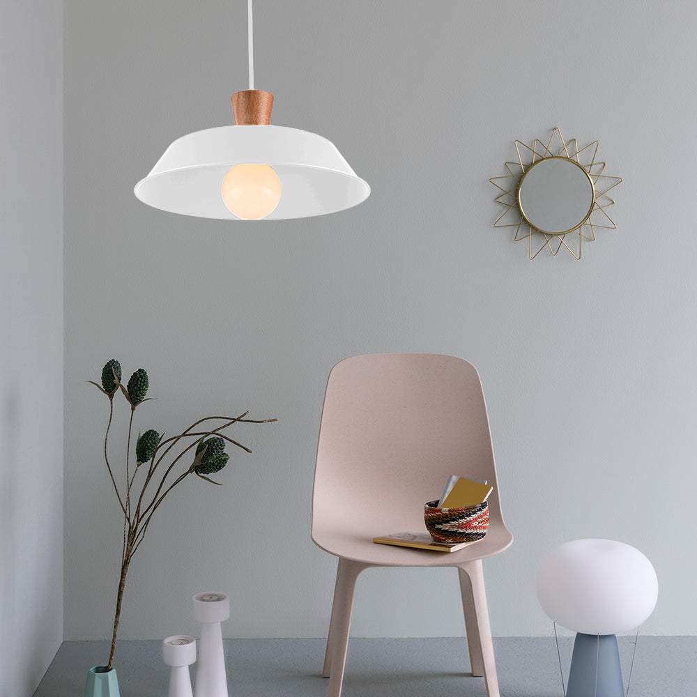 10"/14"/18" Wide Barn Living Room Hanging Lamp Industrial Iron 1-Light Black/White Pendant Light Fixture with Wooden Top
