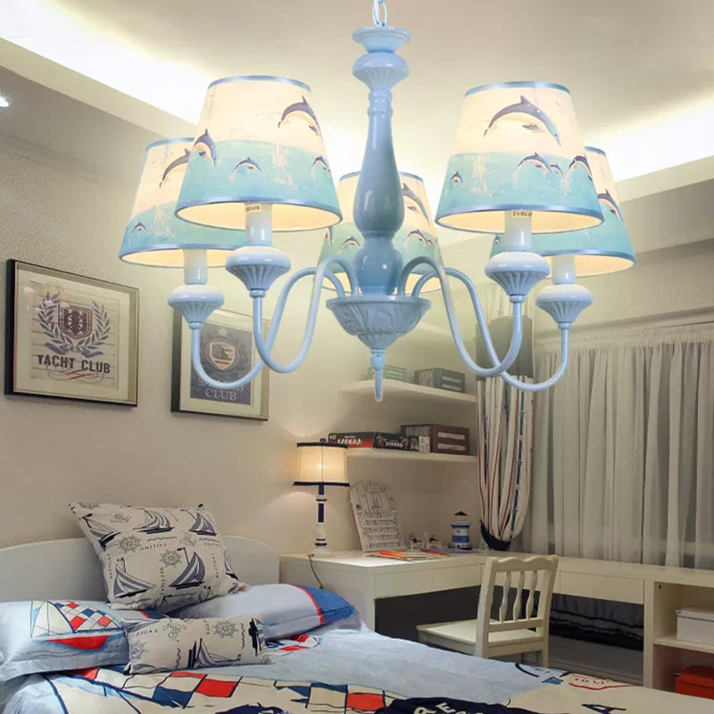 Chandelier à teinte effilée de style moderne avec dauphin 5 lumières Métal Metal Hanging Light en bleu pour la chambre d'enfant