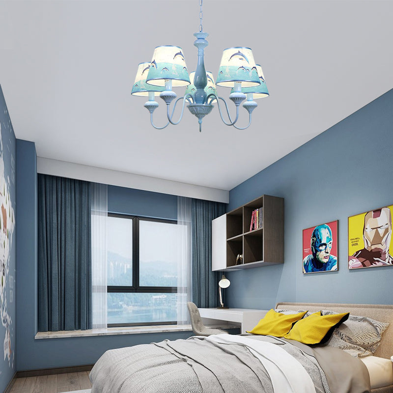 Modern Style Tapered Shade Chandelier with Dolphin 5 Lights Metal Hanging Light in Blue for Child Bedroom