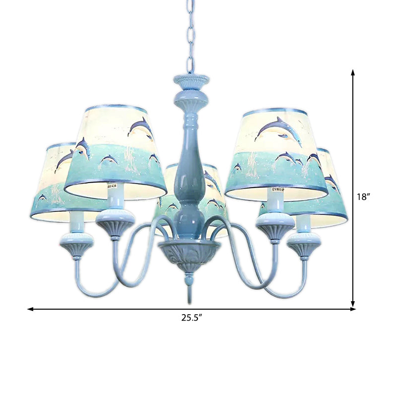 Modern Style Tapered Shade Chandelier with Dolphin 5 Lights Metal Hanging Light in Blue for Child Bedroom