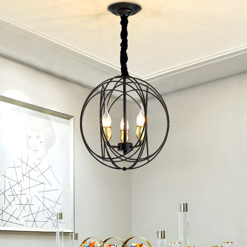 14 "/19" largo nero a pendente a sospensione nere 3/6 light lampada a candela in metallo industriale con gabbia di sfera per sala da pranzo