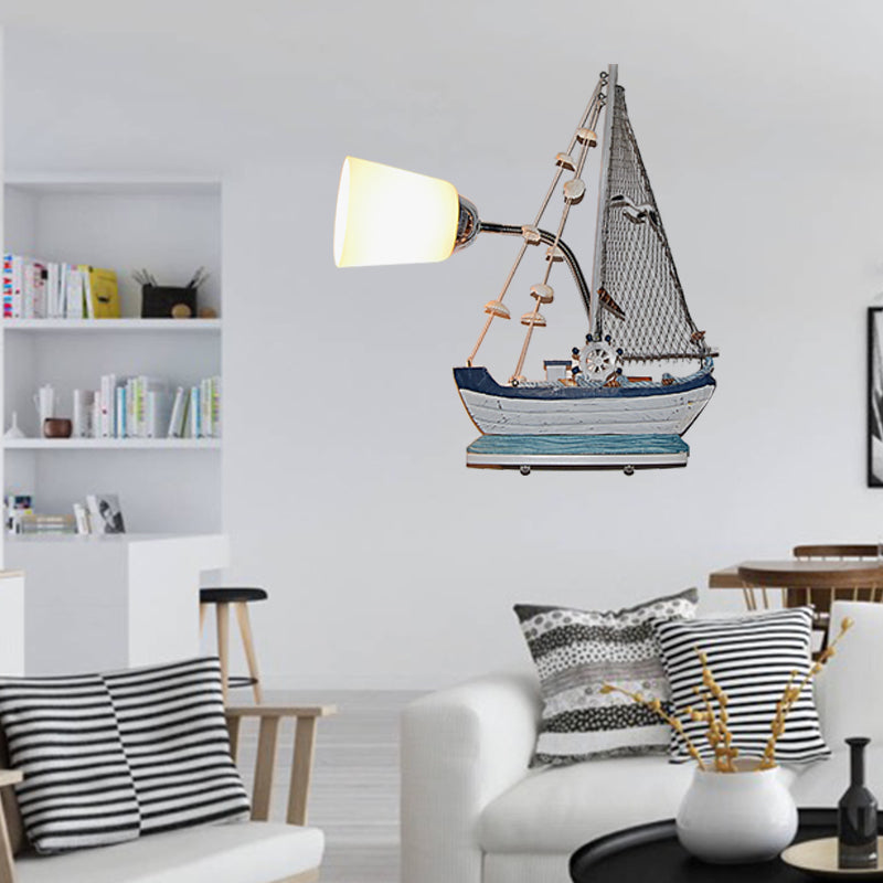 Nautical Ship Wall Light with Bucket Shade 1 Head Glass Wall Sconce in Blue for Nursing Room