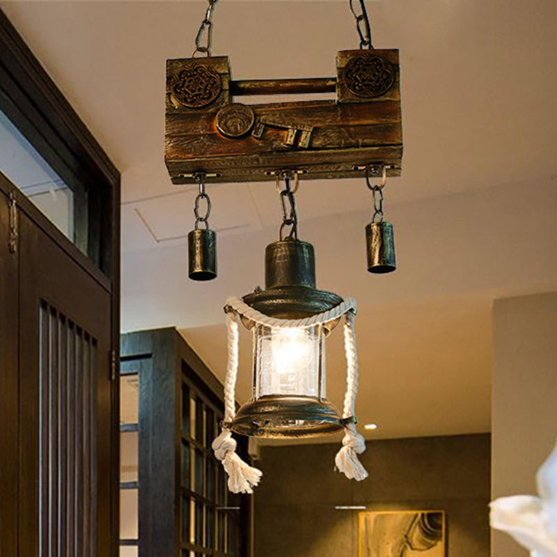 Metal Lantern Pendant Light Nautical Single Light Indoor Hanging Light Fixture with Rope in Brass