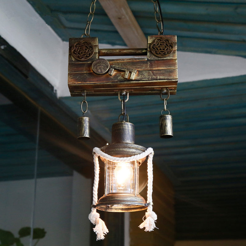 Metal Lantern Pendant Light Nautical Single Light Indoor Hanging Light Fixture with Rope in Brass