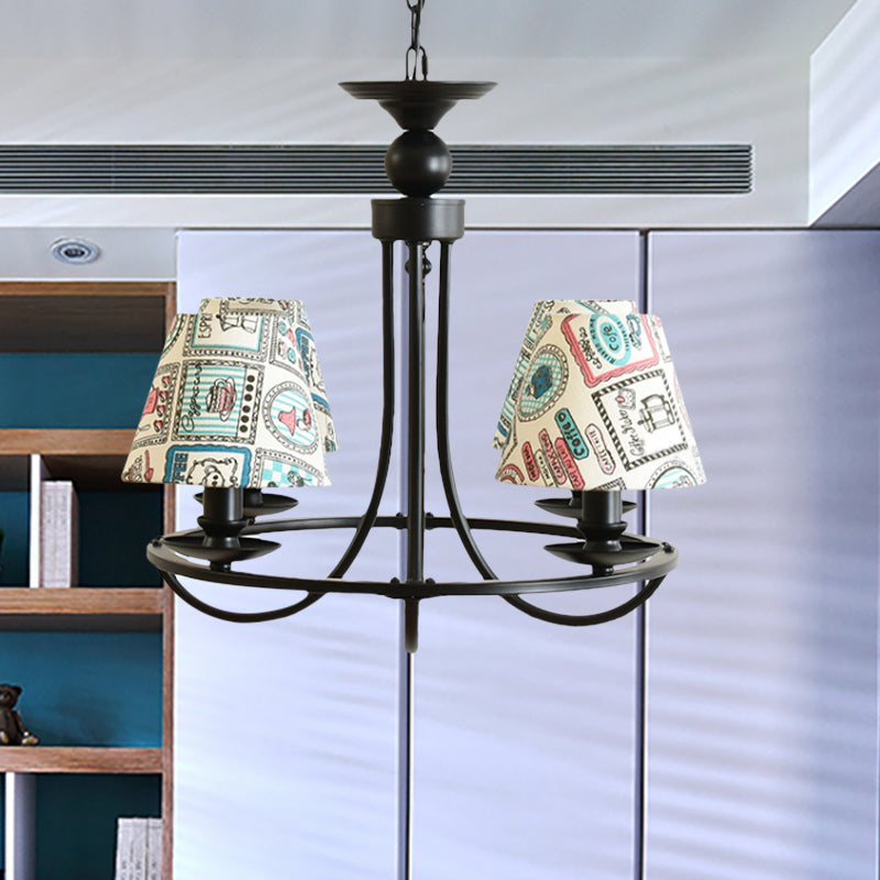 Fabric Tapered Shade Chandelier Kids Bedroom 4-Light Modern Ceiling Pendant in Black