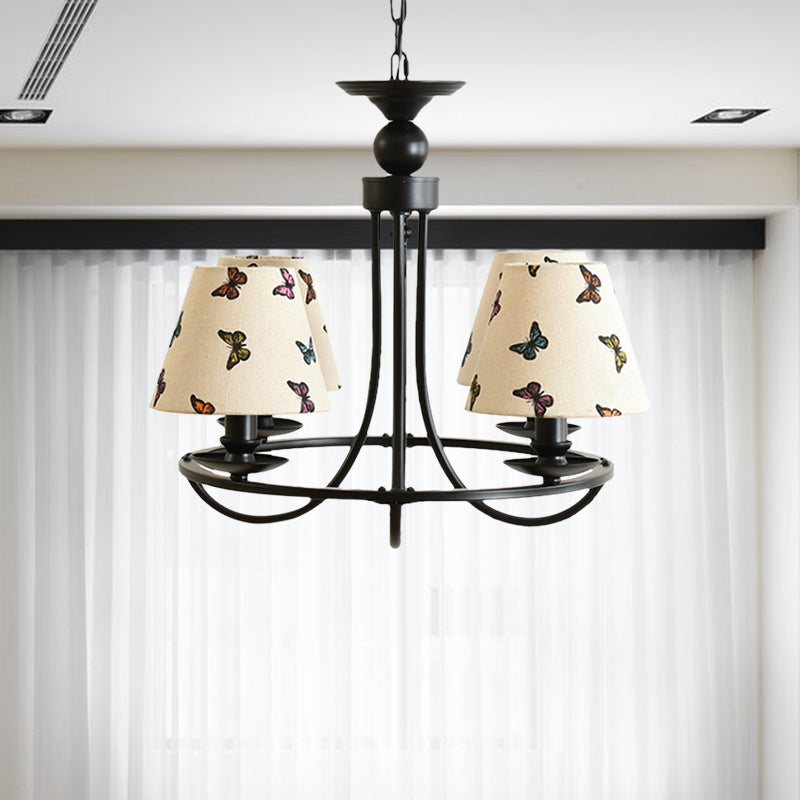 Fabric Tapered Shade Chandelier Kids Bedroom 4-Light Modern Ceiling Pendant in Black