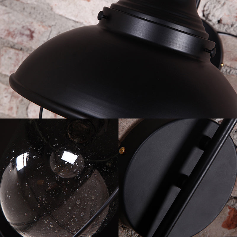 Cone Seeded Glass Wall Light Industrial One Bulb Outdoor Sconce Lighting Fixture in Black with Cage