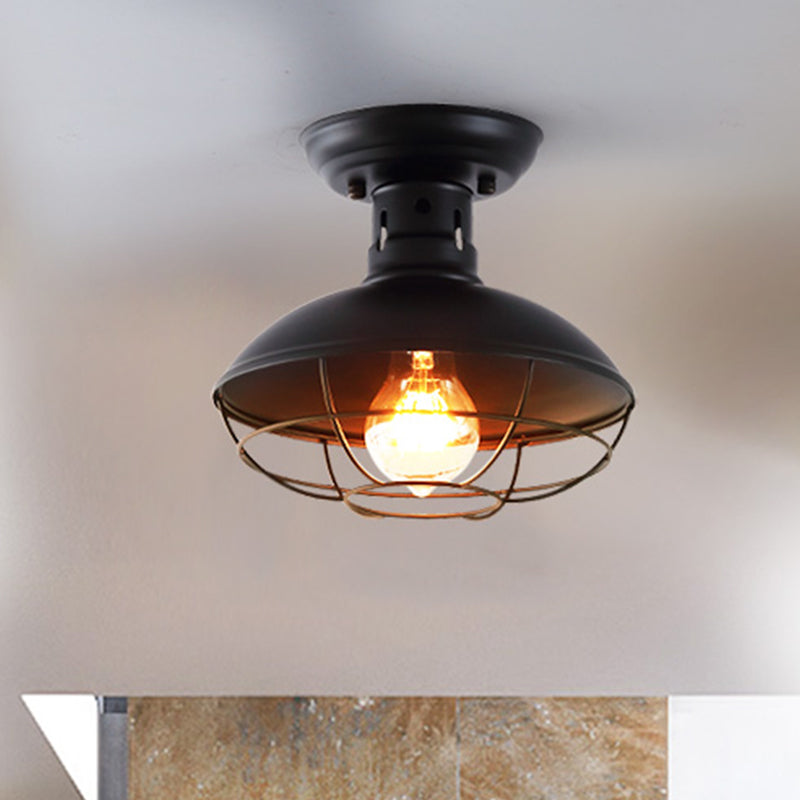 Single Bulb Semi Flush Mount Industrial Domed Metal Ceiling Light in Black with Cage