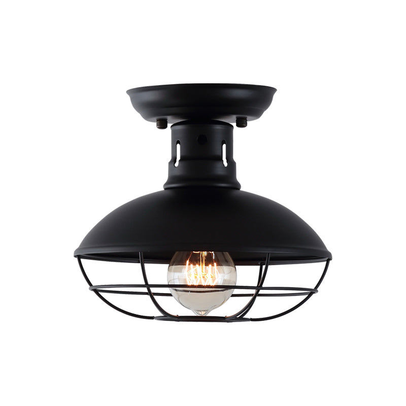 Single Bulb Semi Flush Mount Industrial Domed Metal Ceiling Light in Black with Cage