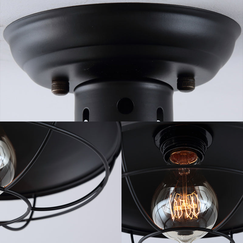 Single Bulb Semi Flush Mount Industrial Domed Metal Ceiling Light in Black with Cage