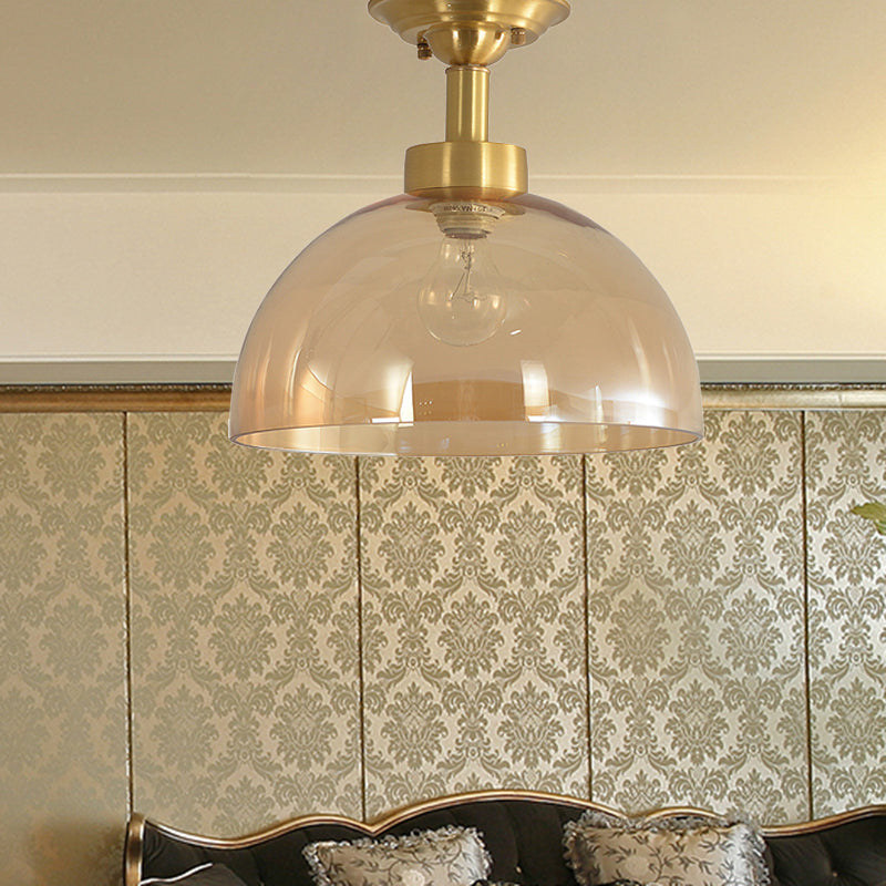 1 Light Ceiling Light Fixture with Dome Shade Amber Glass Industrial Living Room Semi Flush in Brass