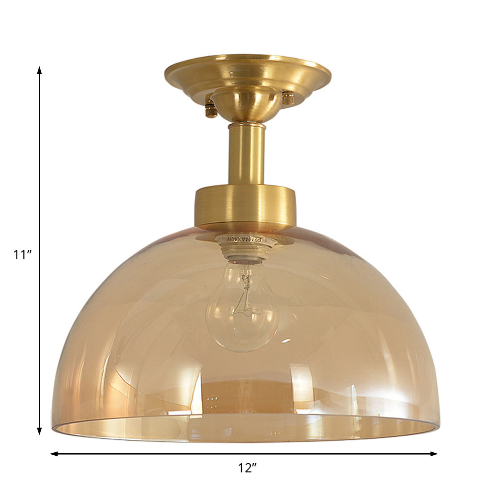 1 Light Ceiling Light Fixture with Dome Shade Amber Glass Industrial Living Room Semi Flush in Brass