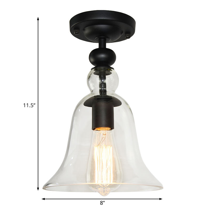 Bell Shade Living Room Semi Flush Industrial Clear Glass One Light Black Ceiling Lighting