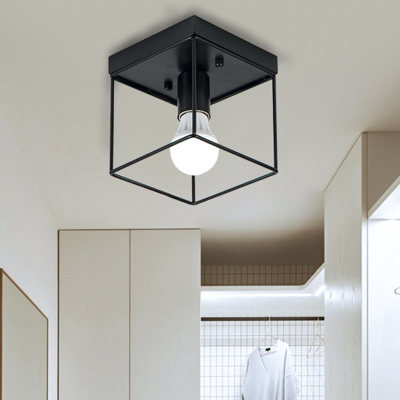 1 Light Ceiling Light Fixture with Frame Squared Shade Metal Industrial Indoor Flushmount Light in Black/White