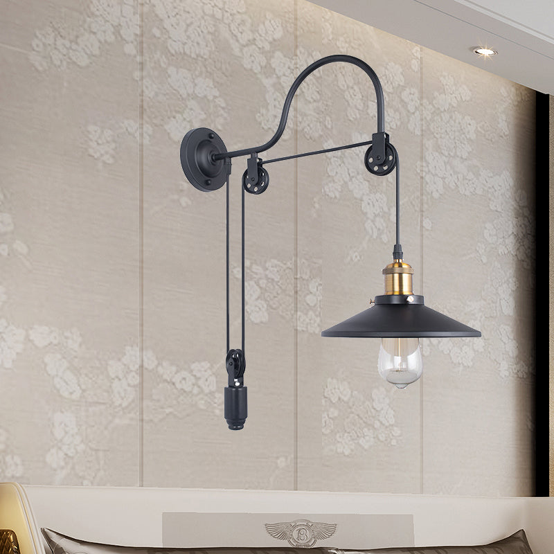 Wide Flare Metal Sconce Lighting Industrial Single Bulb Dining Room Wall Mounted Lamp in Black with Pulley