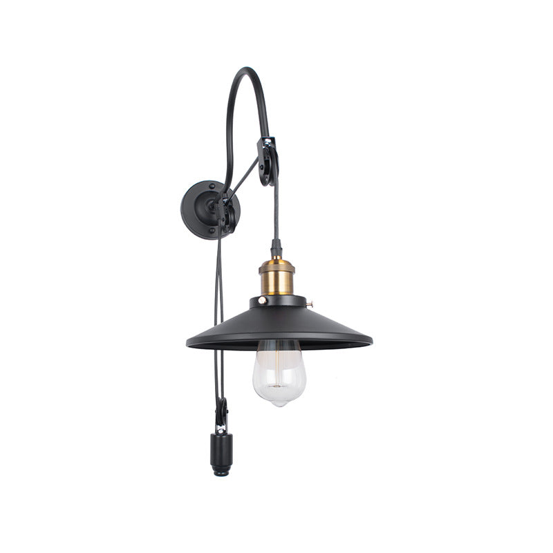 Wide Flare Metal Sconce Lighting Industrial Single Bulb Dining Room Wall Mounted Lamp in Black with Pulley