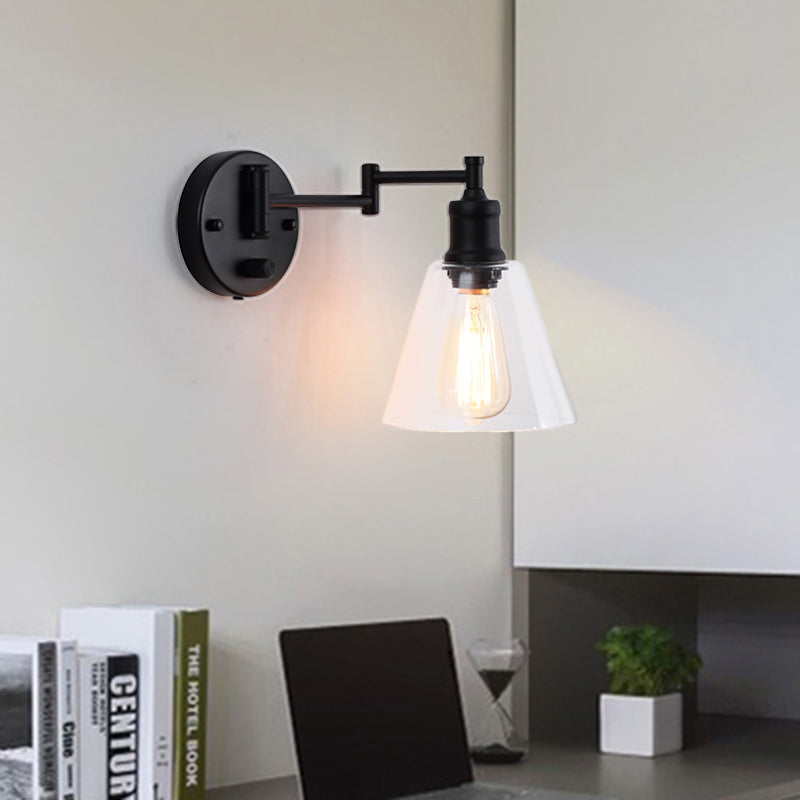 One Bulb Wall Light with Cone Shade Clear Glass Industrial Indoor Sconce Lighting Fixture in Black