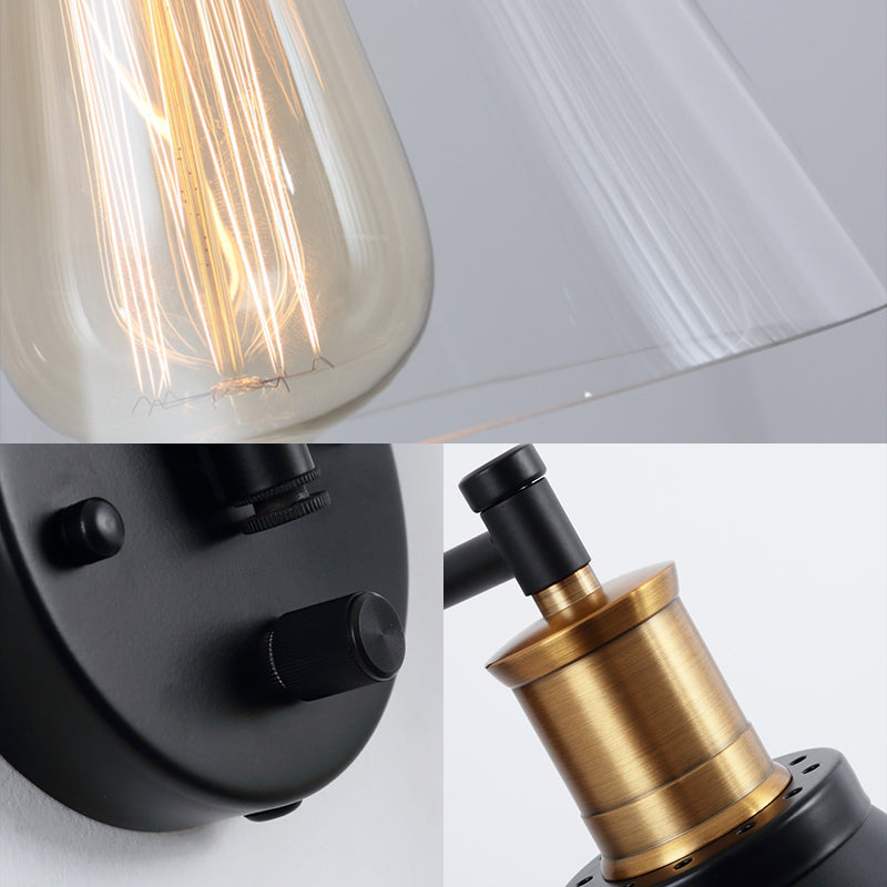 Una luz de pared de bulbo con tono de cono vidrio transparente accesorio de iluminación industrial de interior en negro en negro