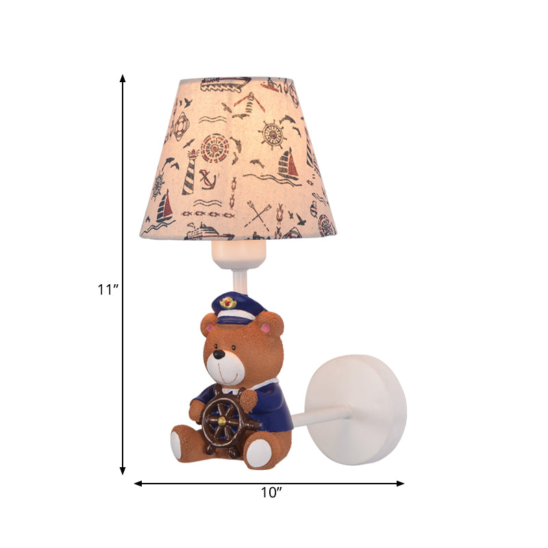 Kids Toy Bear Wall Light with Tapered Shade One Light Resin Wall Sconce in Beige for Child Bedroom