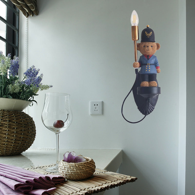 Lovely Toy Bear Wall Light with Candle Resin 1 Light Blue Sconce Light for Kindergarten