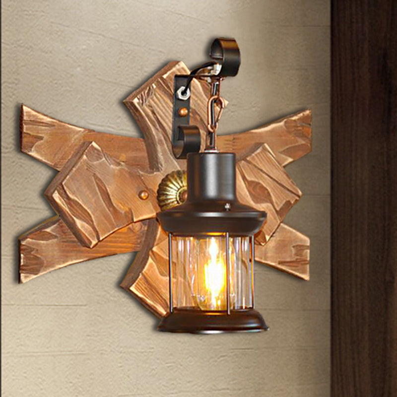 Lantern/Candle Clear Glass/Marble Sconce Light Industrial 1 Bulb Living Room Wall Lighting in Bronze