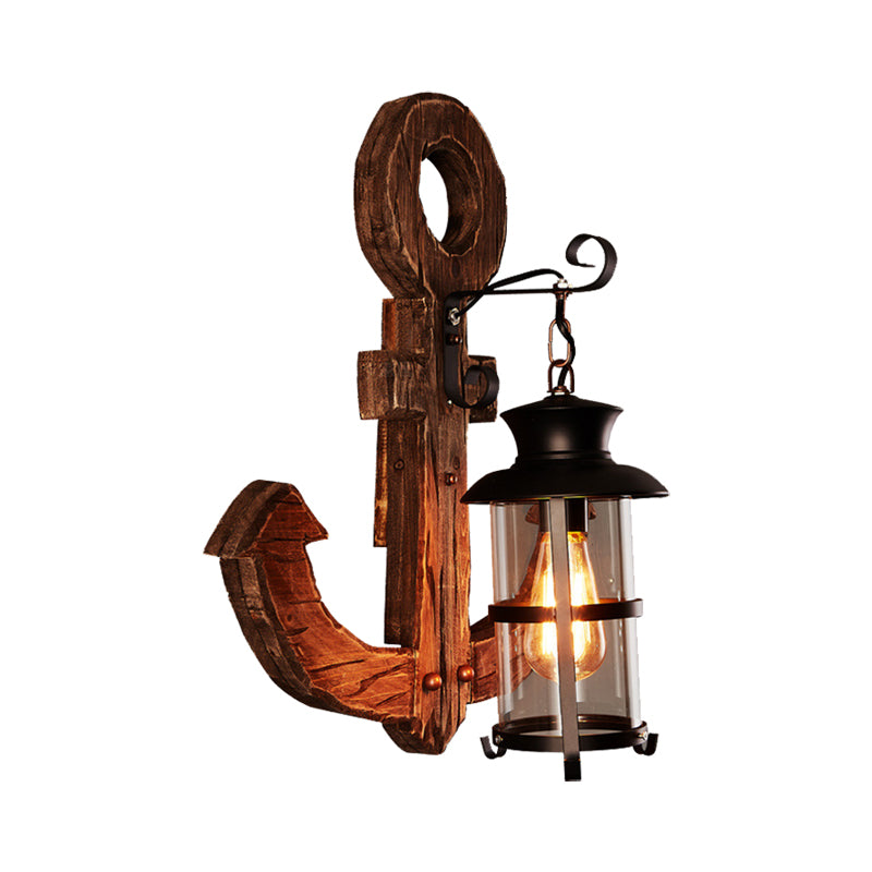Bronze One Light Sconce Light Industrial Clear Verre Cylindre Éclairage de paroi avec cage et ancre en bois Plate arrière