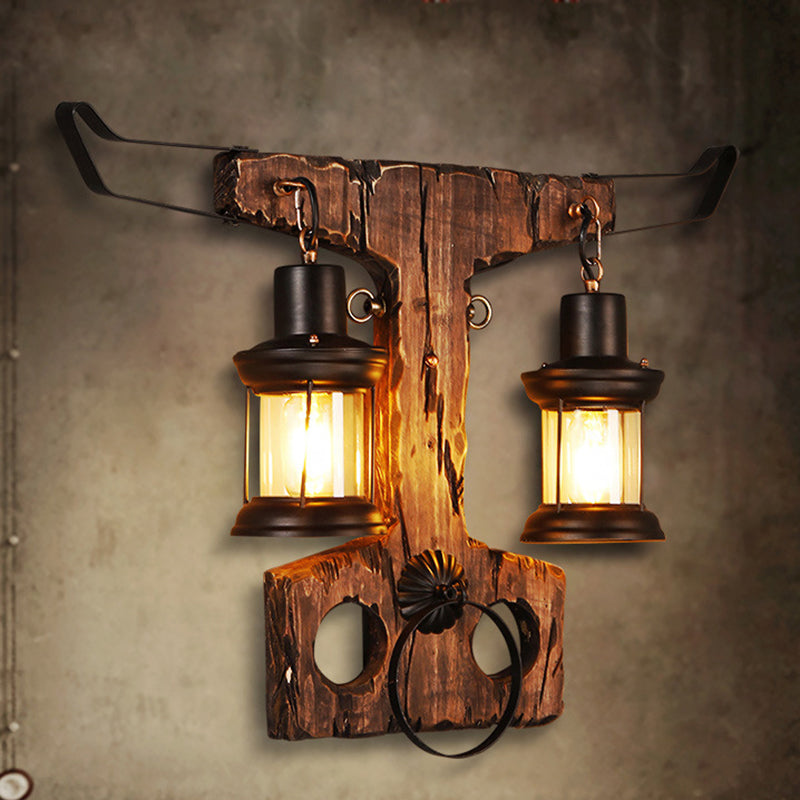 2-Light Wall Lamp Lighting Rustic Style Lantern Clear Glass Sconce Light Fixture in Black with Wooden Backplate