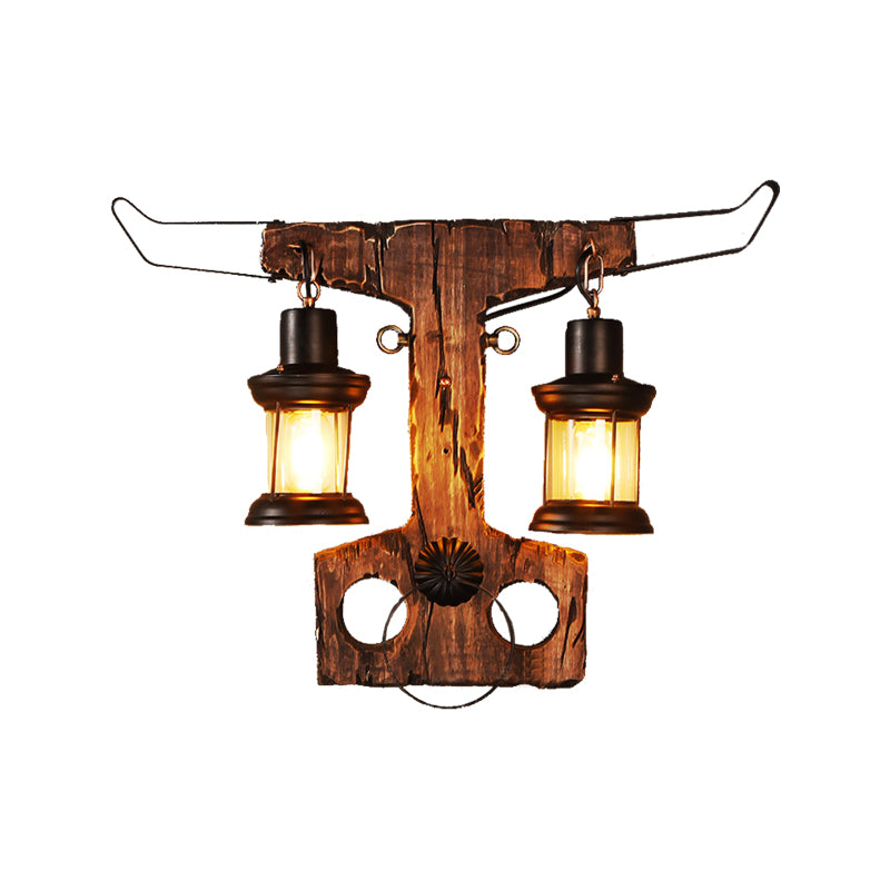 2-Light Wall Lamp Lighting Rustic Style Lantern Clear Glass Sconce Light Fixture in Black with Wooden Backplate