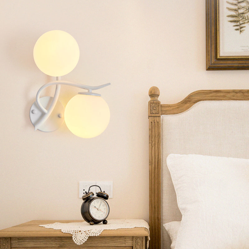 Simple Style Globe Wall Lamp 2 Heads Milk Glass Sconce Light in White for Adult Bedroom